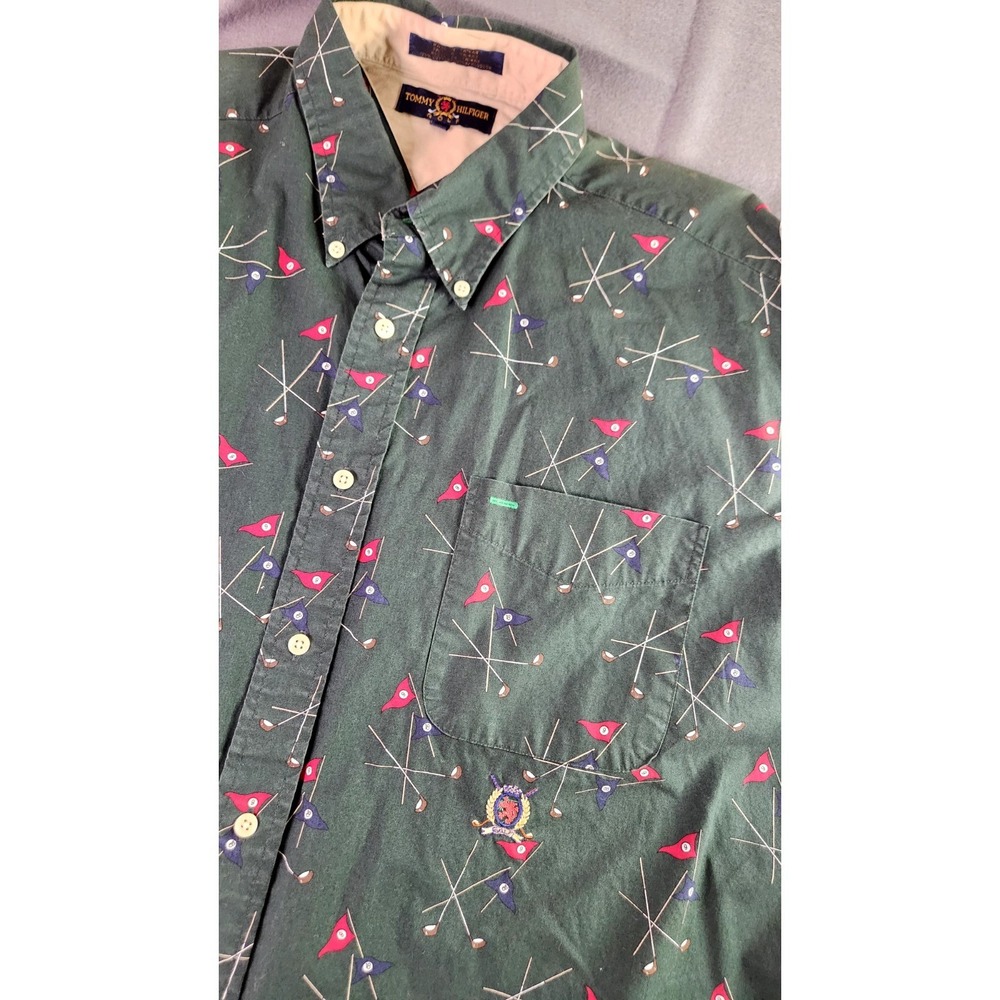 Tommy Hilfiger Golf Mens XL Forest Green All Over Golf Club Flag Print Shirt